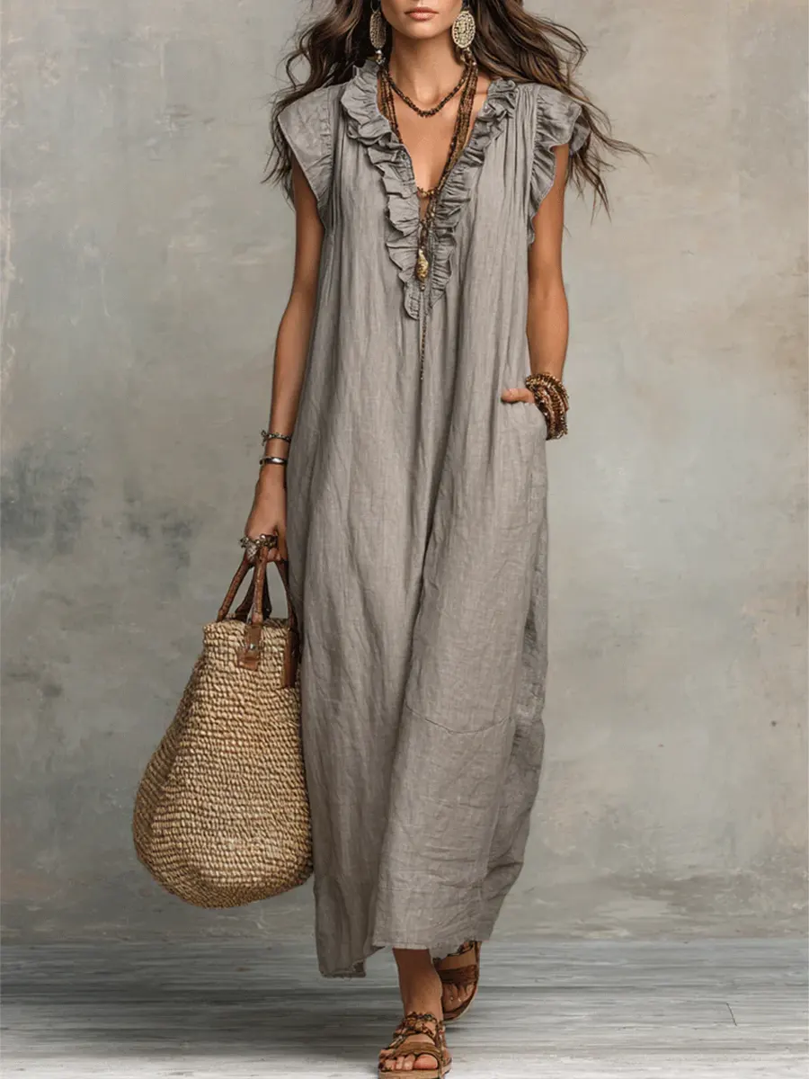 Robe femme unie à volants – Style artistique décontracté en coton et lin - Image 6