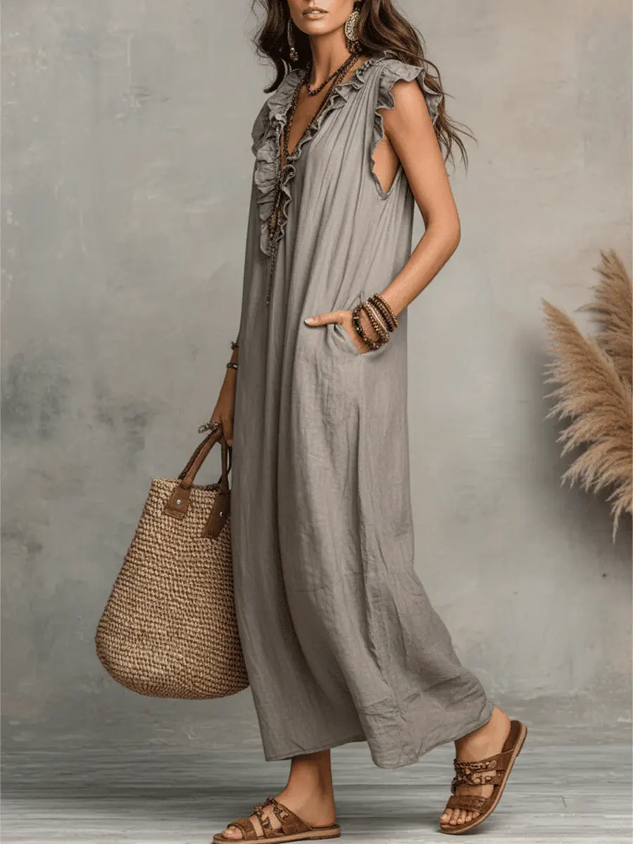 Robe femme unie à volants – Style artistique décontracté en coton et lin - Image 7