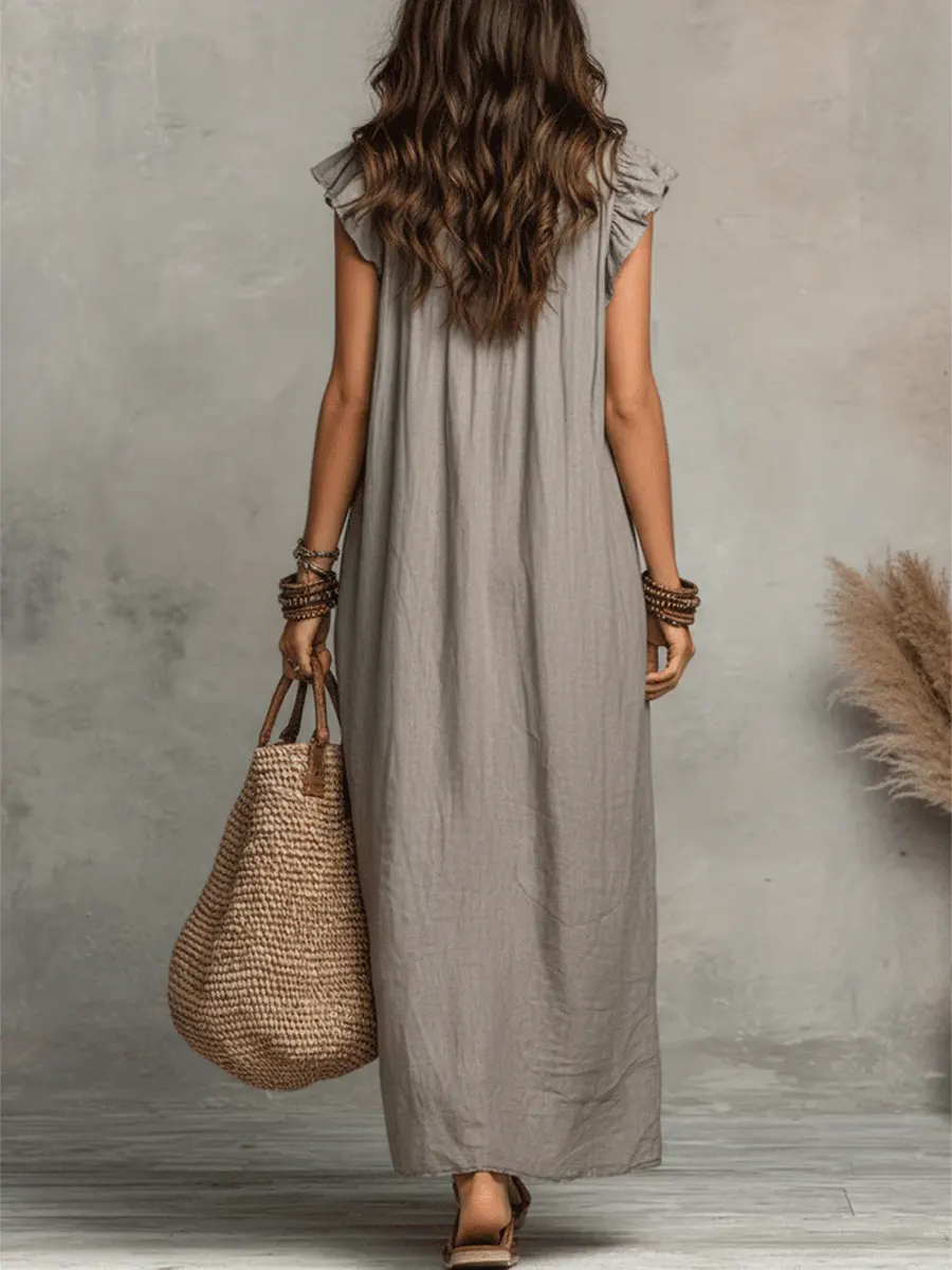 Robe femme unie à volants – Style artistique décontracté en coton et lin - Image 8