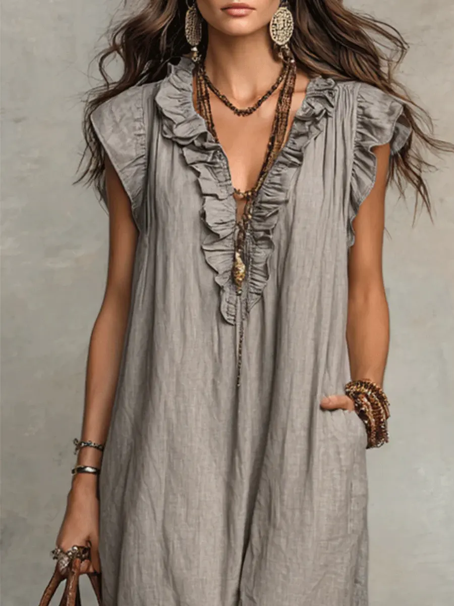 Robe femme unie à volants – Style artistique décontracté en coton et lin - Image 9
