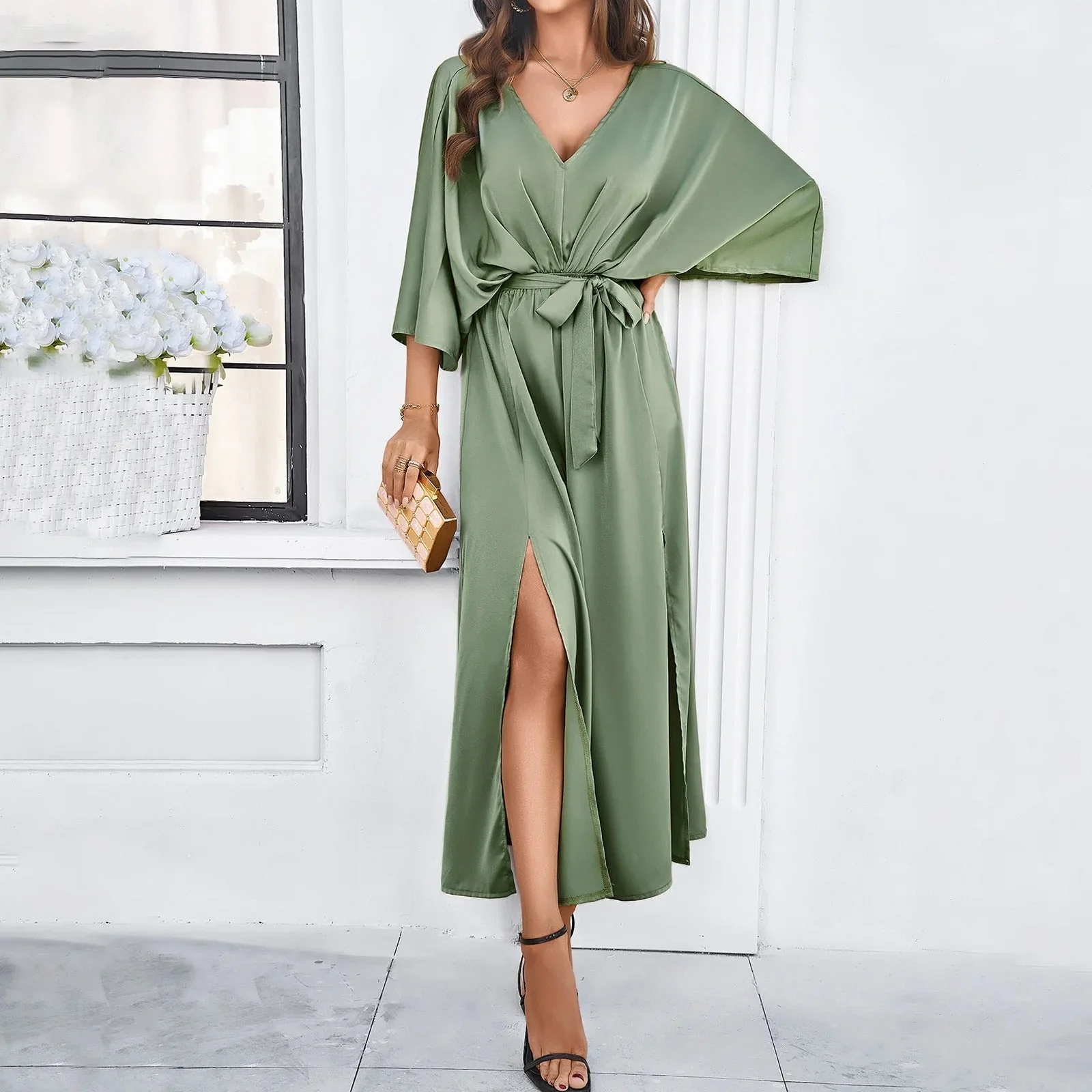 Robe fluide longue femme – Col en V et manches amples pour une allure chic - Image 2