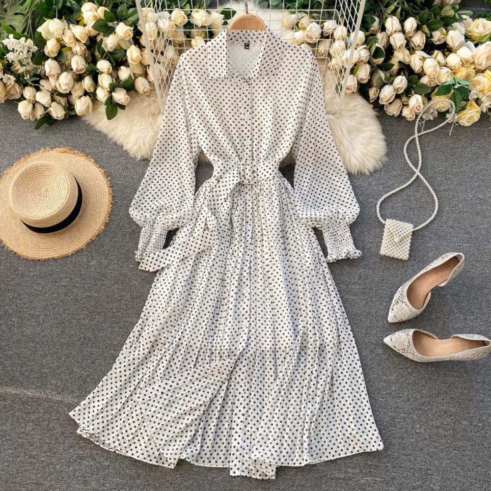 Robe longue à pois pour femme – Robe chemise plissée à manches longues avec ceinture
