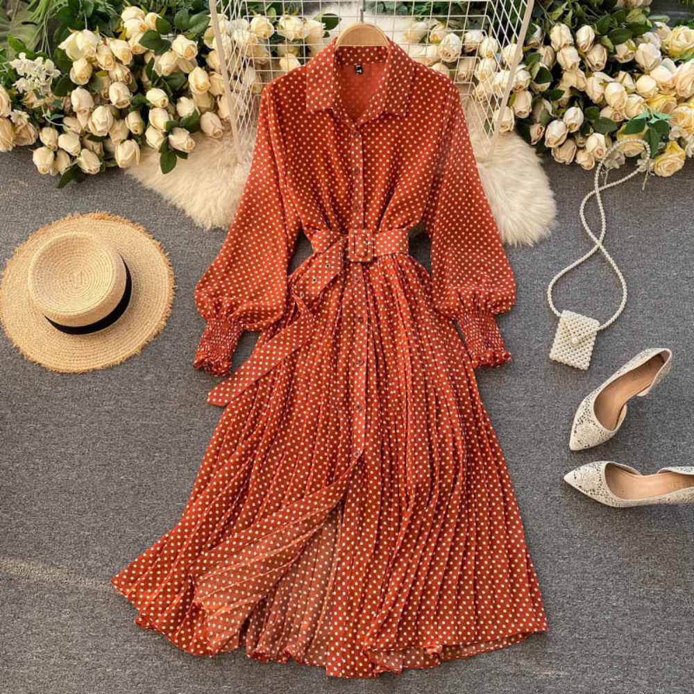 Robe longue à pois pour femme – Robe chemise plissée à manches longues avec ceinture - Image 5