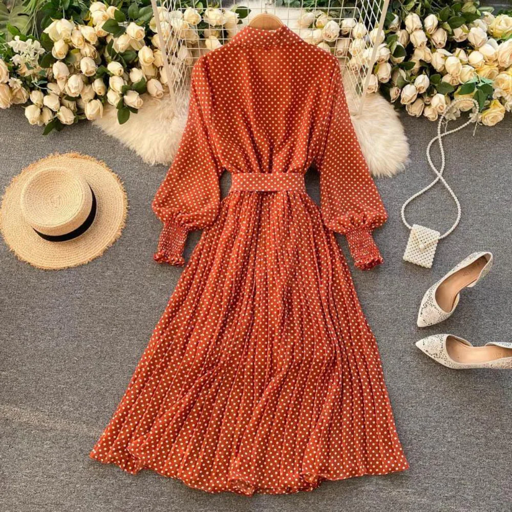 Robe longue à pois pour femme – Robe chemise plissée à manches longues avec ceinture - Image 6