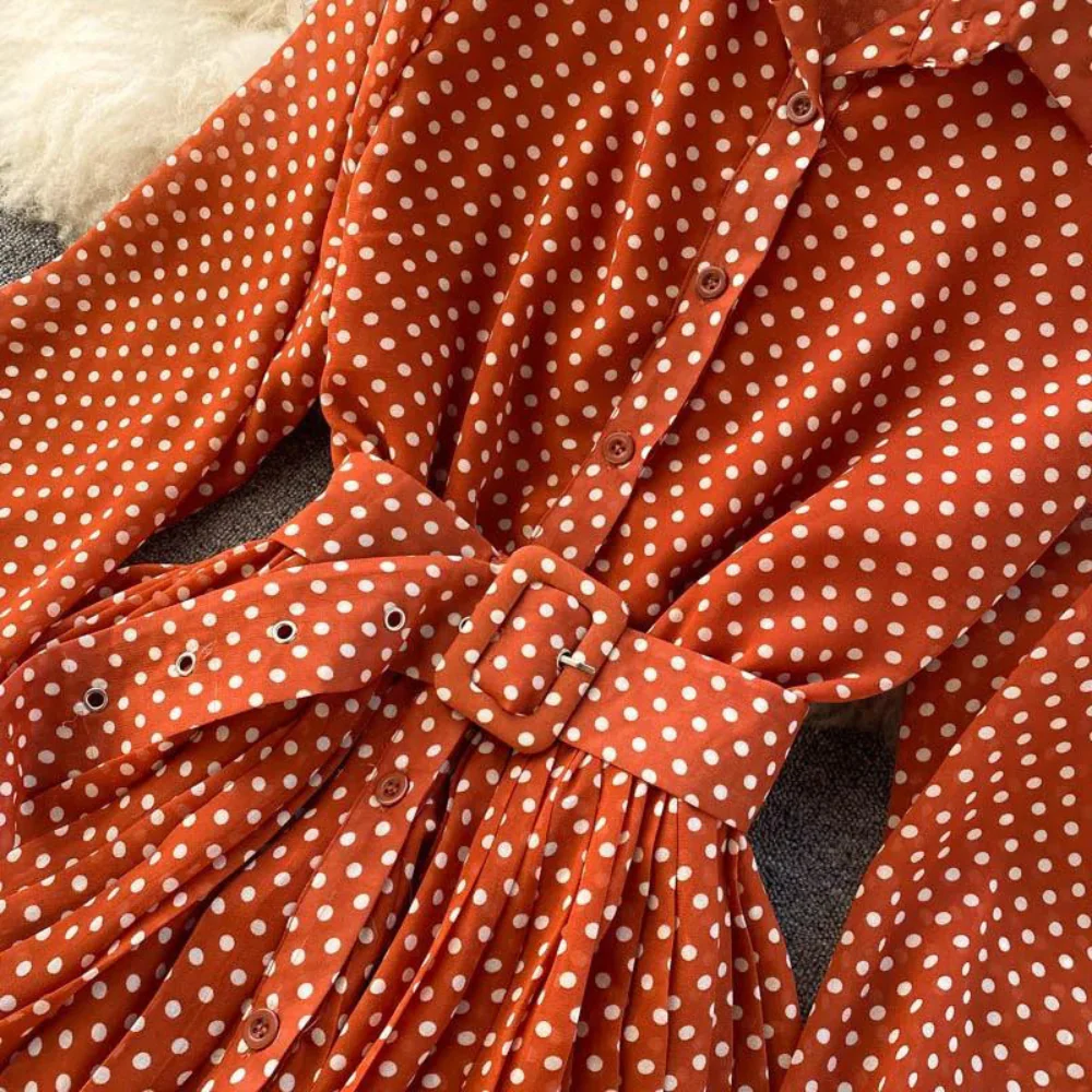 Robe longue à pois pour femme – Robe chemise plissée à manches longues avec ceinture - Image 7