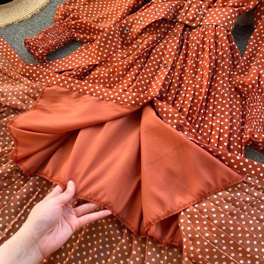 Robe longue à pois pour femme – Robe chemise plissée à manches longues avec ceinture - Image 8