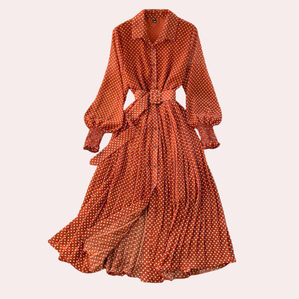 Robe longue à pois pour femme – Robe chemise plissée à manches longues avec ceinture - Image 9