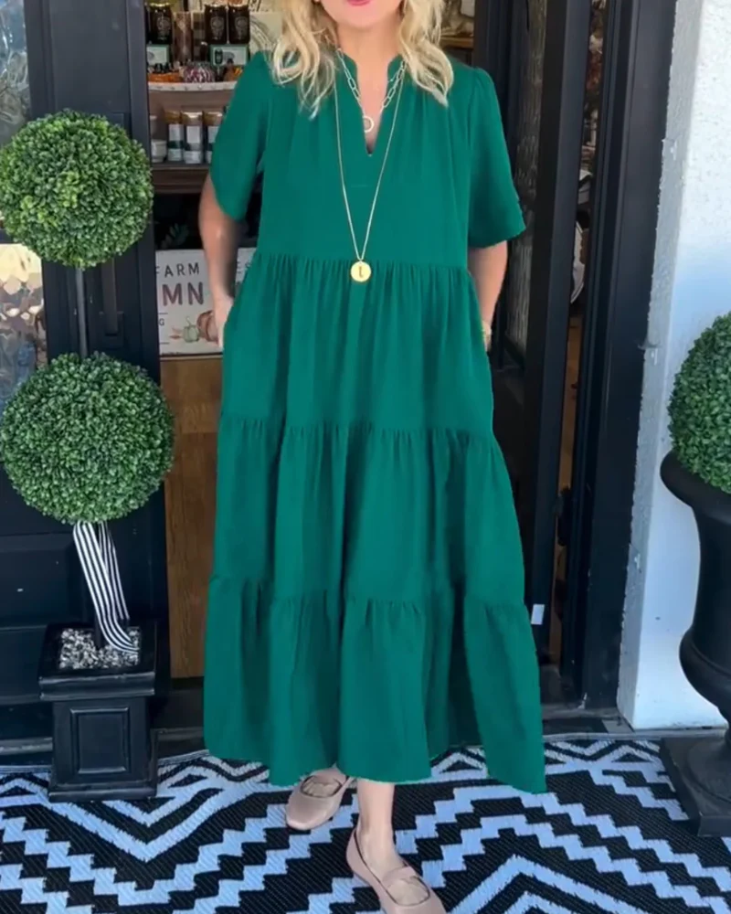 Robe longue à volants décontractée pour femme – Robe à manches courtes et col en V avec poches