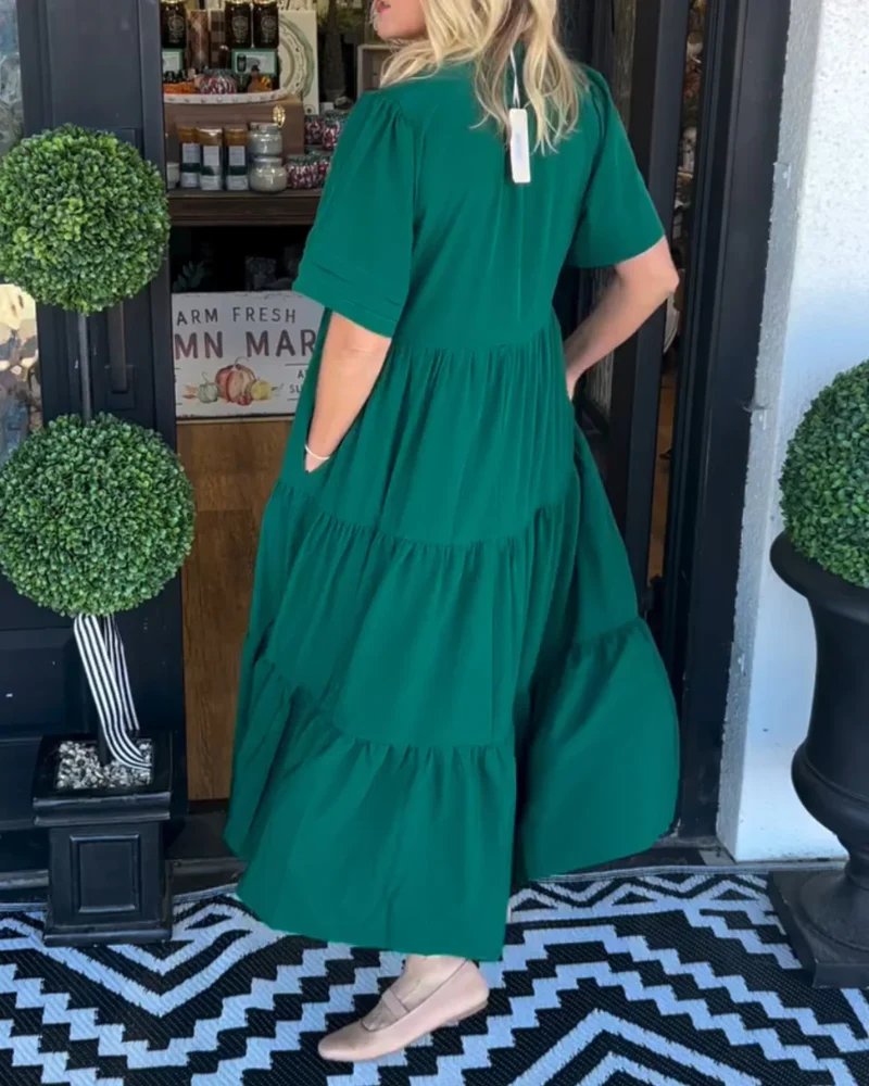 Robe longue à volants décontractée pour femme – Robe à manches courtes et col en V avec poches - Image 2