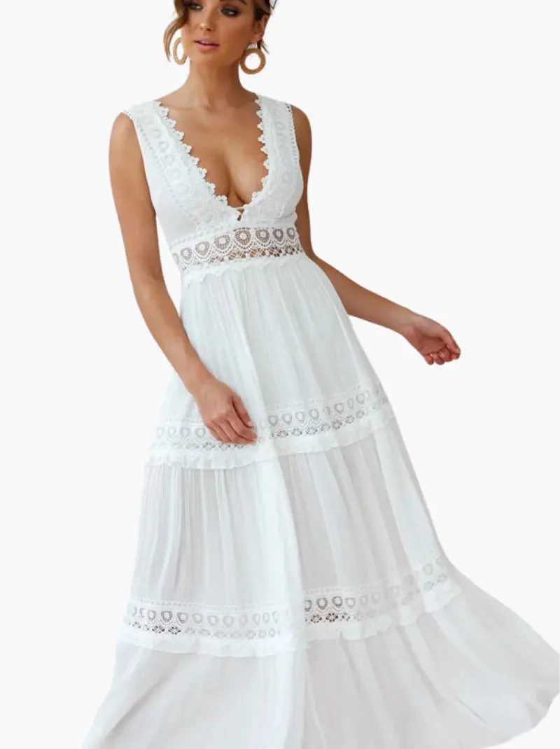 Robe longue blanche bohème pour femme – Empiècements en crochet, décolleté en V profond, coupe fluide, style estival - Image 8