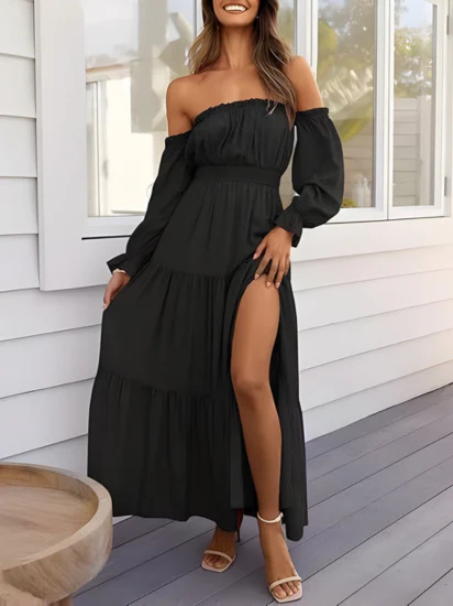 Robe longue bohème à épaules dénudées pour femme – Robe d'été trapèze fendue et à volants - Image 2