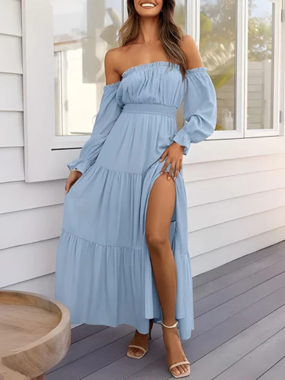 Robe longue bohème à épaules dénudées pour femme – Robe d'été trapèze fendue et à volants - Image 3
