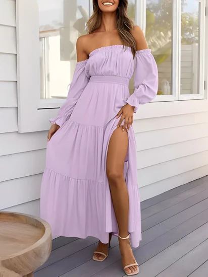 Robe longue bohème à épaules dénudées pour femme – Robe d'été trapèze fendue et à volants - Image 4