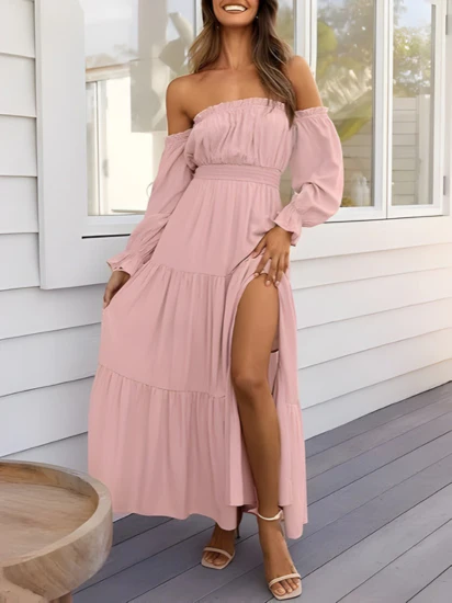 Robe longue bohème à épaules dénudées pour femme – Robe d'été trapèze fendue et à volants - Image 5