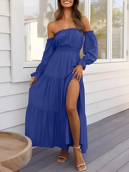 Robe longue bohème à épaules dénudées pour femme – Robe d'été trapèze fendue et à volants - Image 6