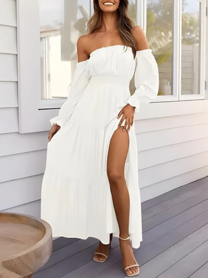 Robe longue bohème à épaules dénudées pour femme – Robe d'été trapèze fendue et à volants - Image 7