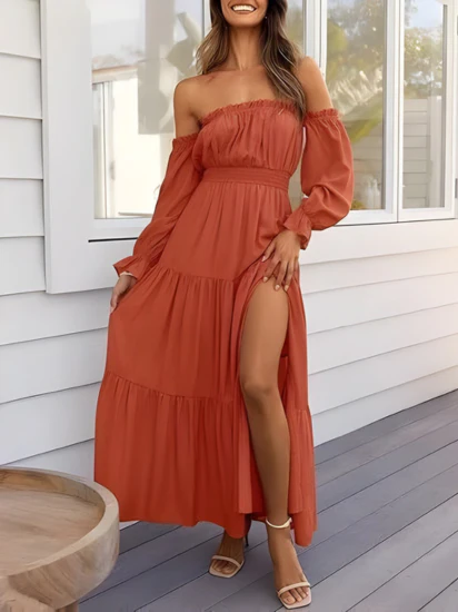 Robe longue bohème à épaules dénudées pour femme – Robe d'été trapèze fendue et à volants - Image 9