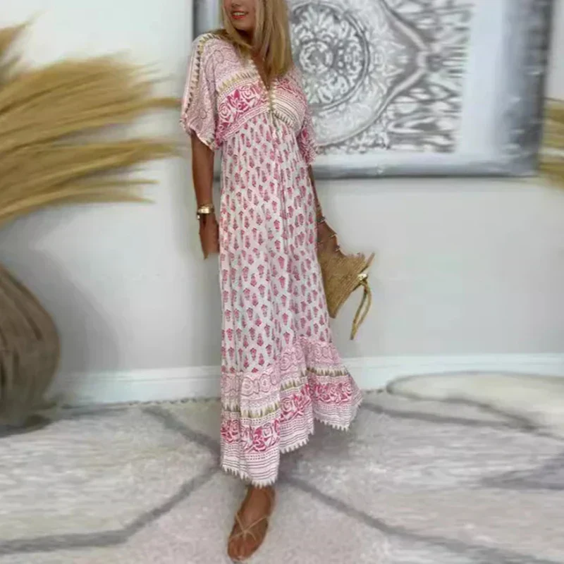 Robe longue bohème femme imprimée – Robe maxi col V manches courtes style boho chic estival - Image 2
