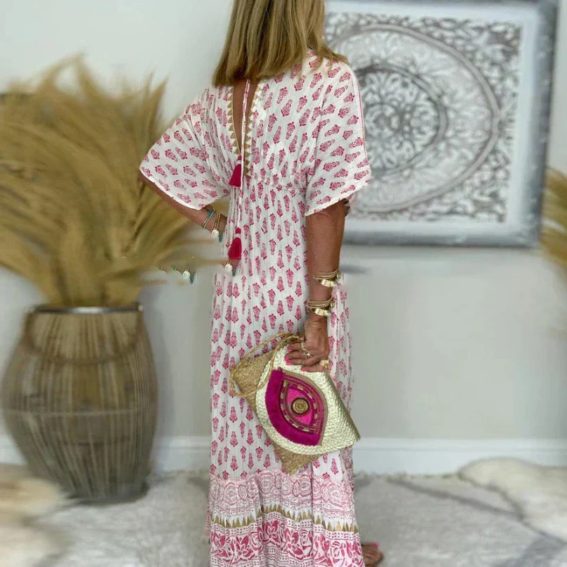 Robe longue bohème femme imprimée – Robe maxi col V manches courtes style boho chic estival - Image 3