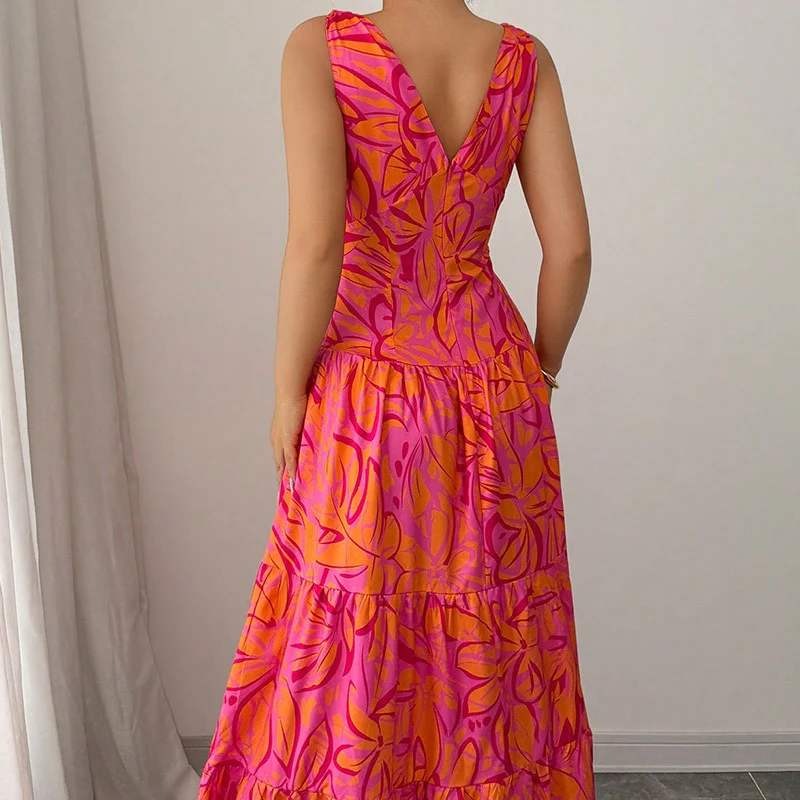 Robe longue d’été femme – Sans manches avec imprimé tropical - Image 4
