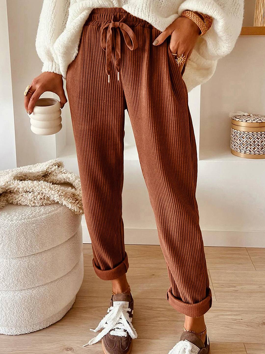 Pantalon Large Élégant en Velours pour Femme – Style Décontracté Chic Uni avec Cordon