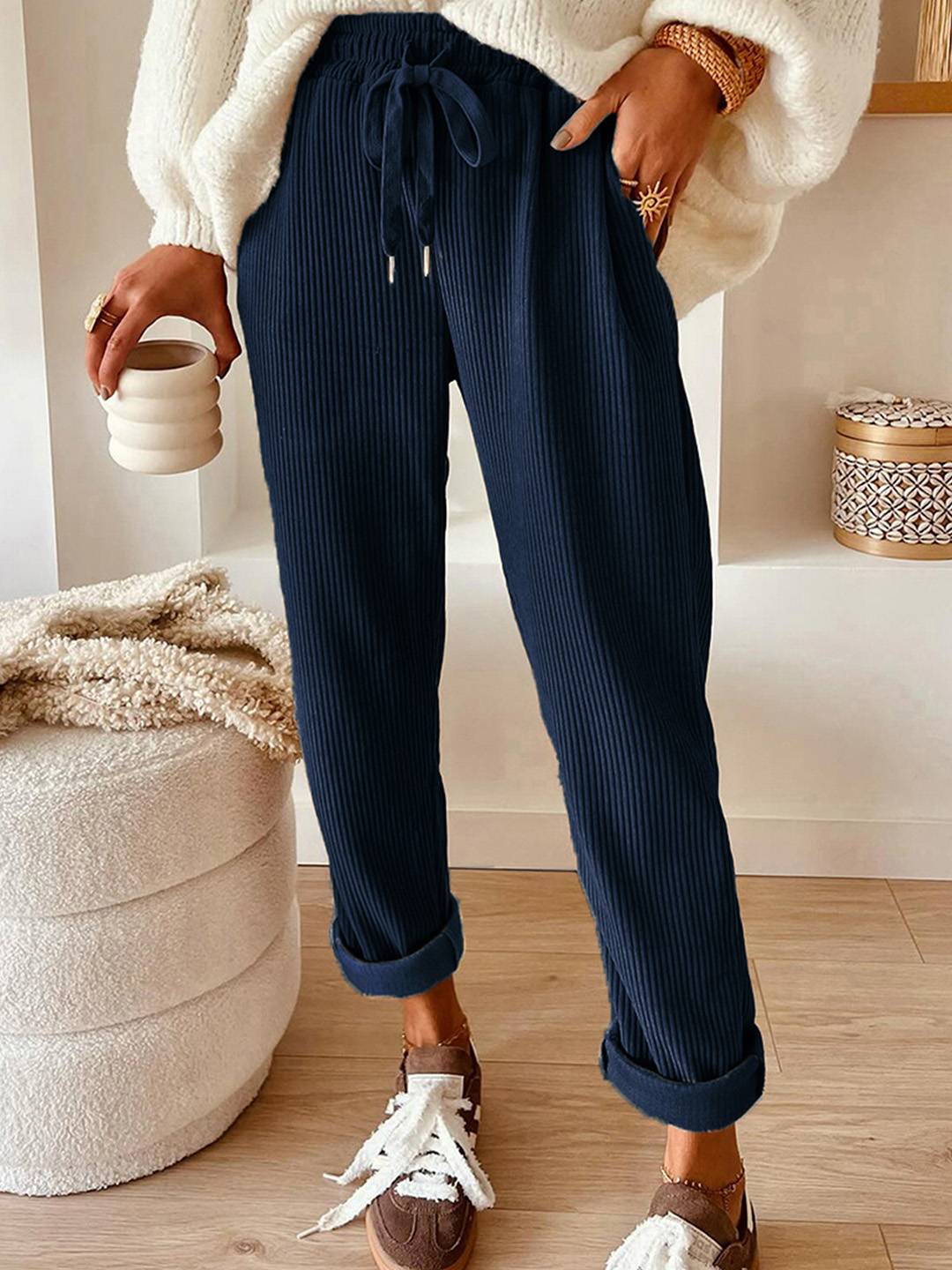 Pantalon Large Élégant en Velours pour Femme – Style Décontracté Chic Uni avec Cordon - Image 4