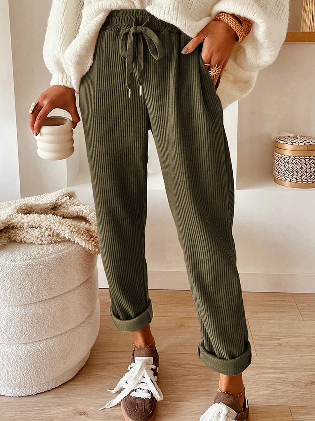 Pantalon Large Élégant en Velours pour Femme – Style Décontracté Chic Uni avec Cordon - Image 5