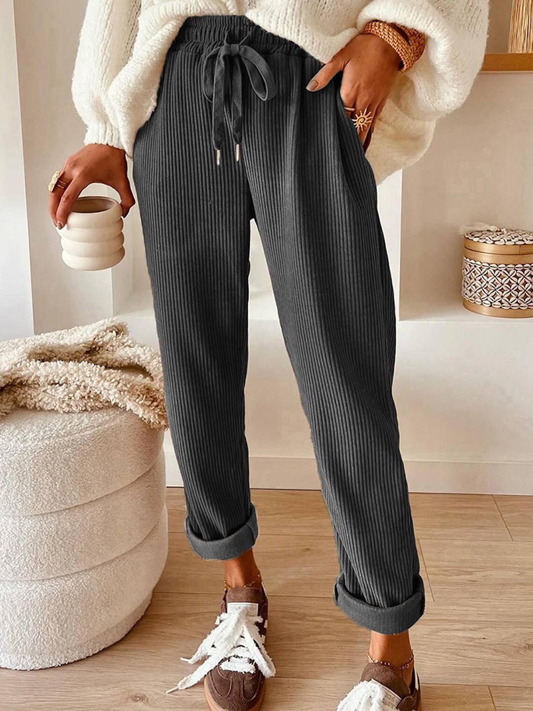 Pantalon Large Élégant en Velours pour Femme – Style Décontracté Chic Uni avec Cordon - Image 6