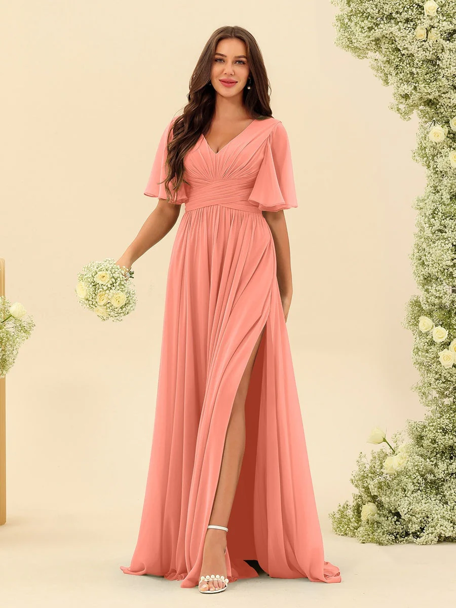 Robe Longue en Chiffon Élégante – Silhouette Fluide A-Line avec Fente Latérale et Volants - Image 12