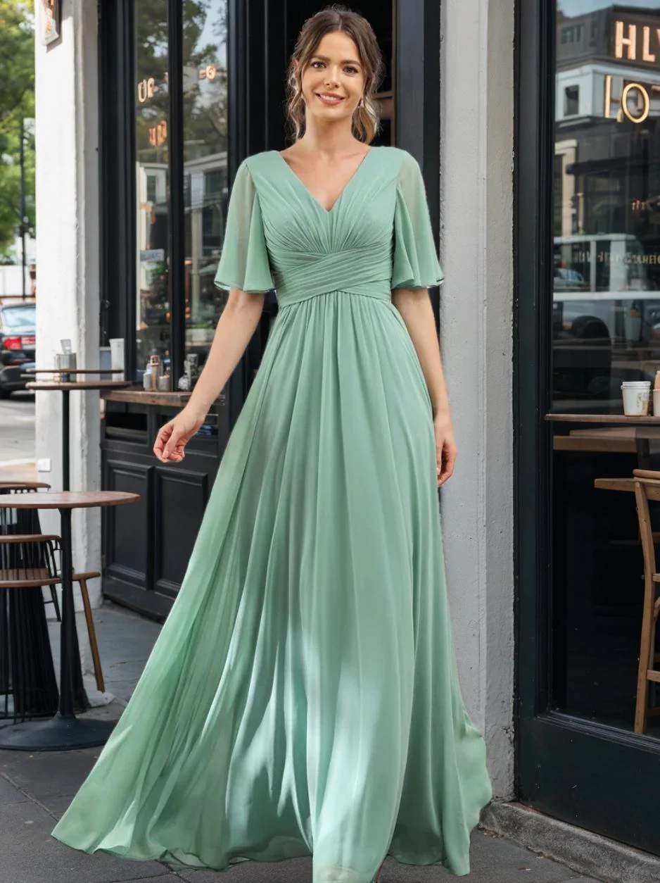 Robe Longue en Chiffon Élégante – Silhouette Fluide A-Line avec Fente Latérale et Volants - Image 2