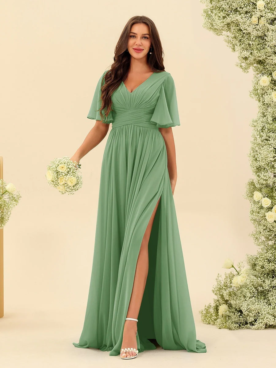 Robe Longue en Chiffon Élégante – Silhouette Fluide A-Line avec Fente Latérale et Volants - Image 29