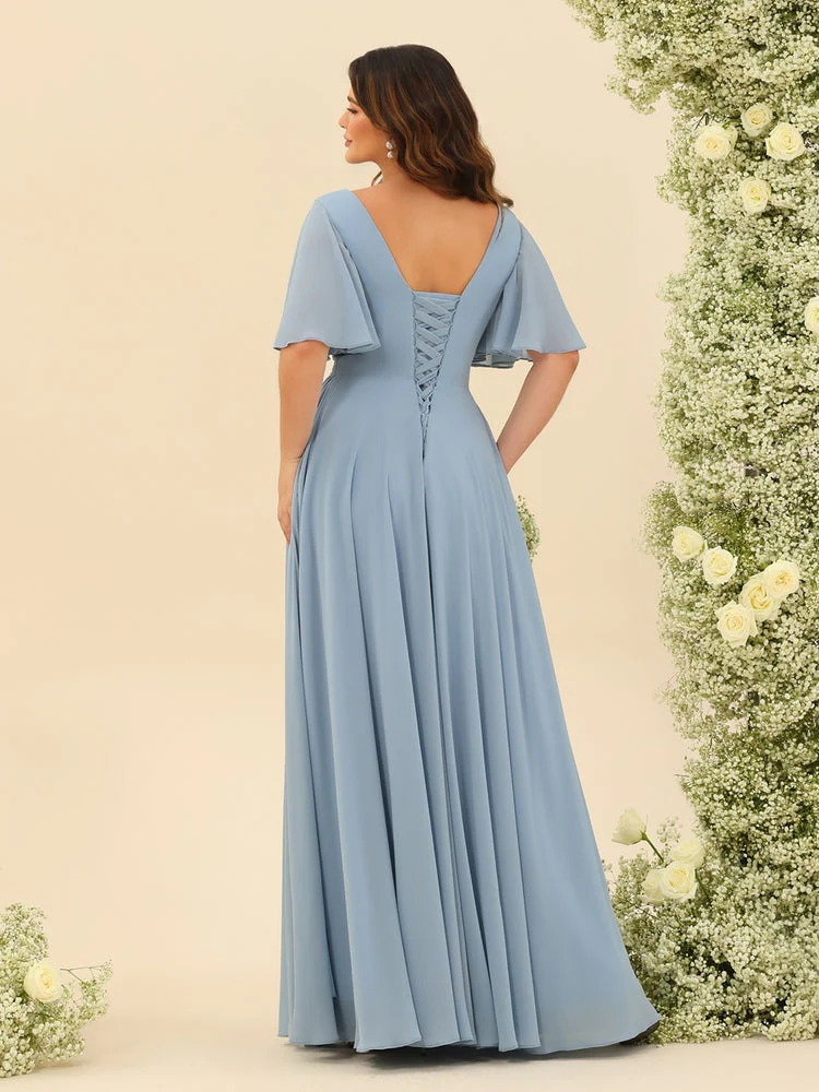 Robe Longue en Chiffon Élégante – Silhouette Fluide A-Line avec Fente Latérale et Volants - Image 3