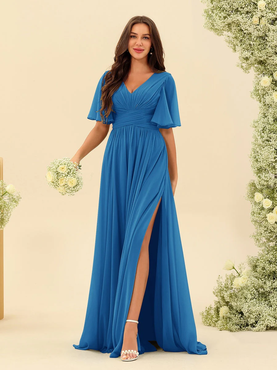 Robe Longue en Chiffon Élégante – Silhouette Fluide A-Line avec Fente Latérale et Volants - Image 32