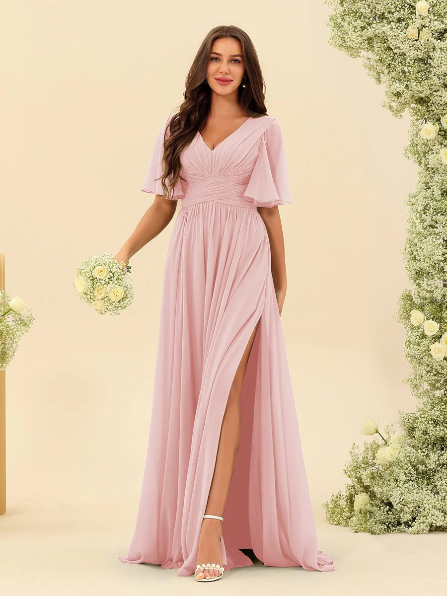 Robe Longue en Chiffon Élégante – Silhouette Fluide A-Line avec Fente Latérale et Volants - Image 33