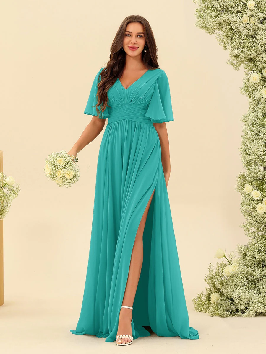 Robe Longue en Chiffon Élégante – Silhouette Fluide A-Line avec Fente Latérale et Volants - Image 34