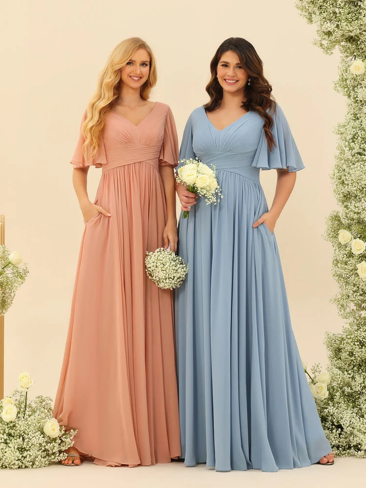 Robe Longue en Chiffon Élégante – Silhouette Fluide A-Line avec Fente Latérale et Volants - Image 4