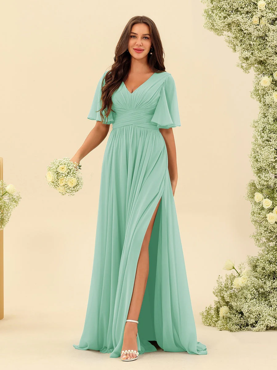 Robe Longue en Chiffon Élégante – Silhouette Fluide A-Line avec Fente Latérale et Volants - Image 48