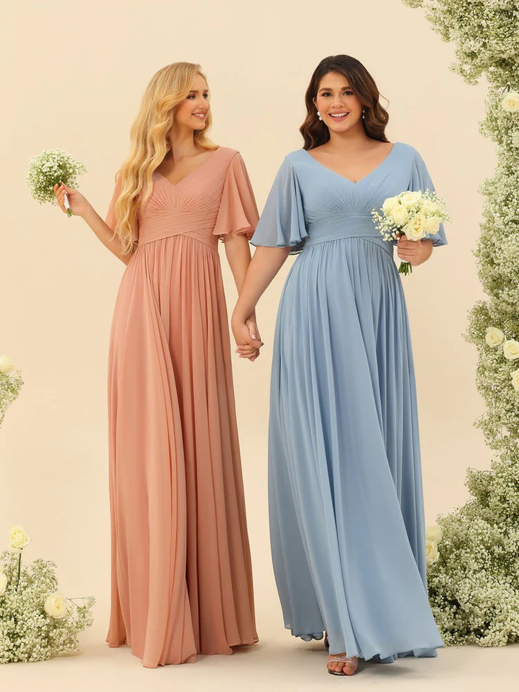 Robe Longue en Chiffon Élégante – Silhouette Fluide A-Line avec Fente Latérale et Volants - Image 5