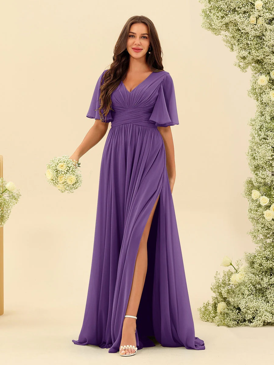 Robe Longue en Chiffon Élégante – Silhouette Fluide A-Line avec Fente Latérale et Volants - Image 68