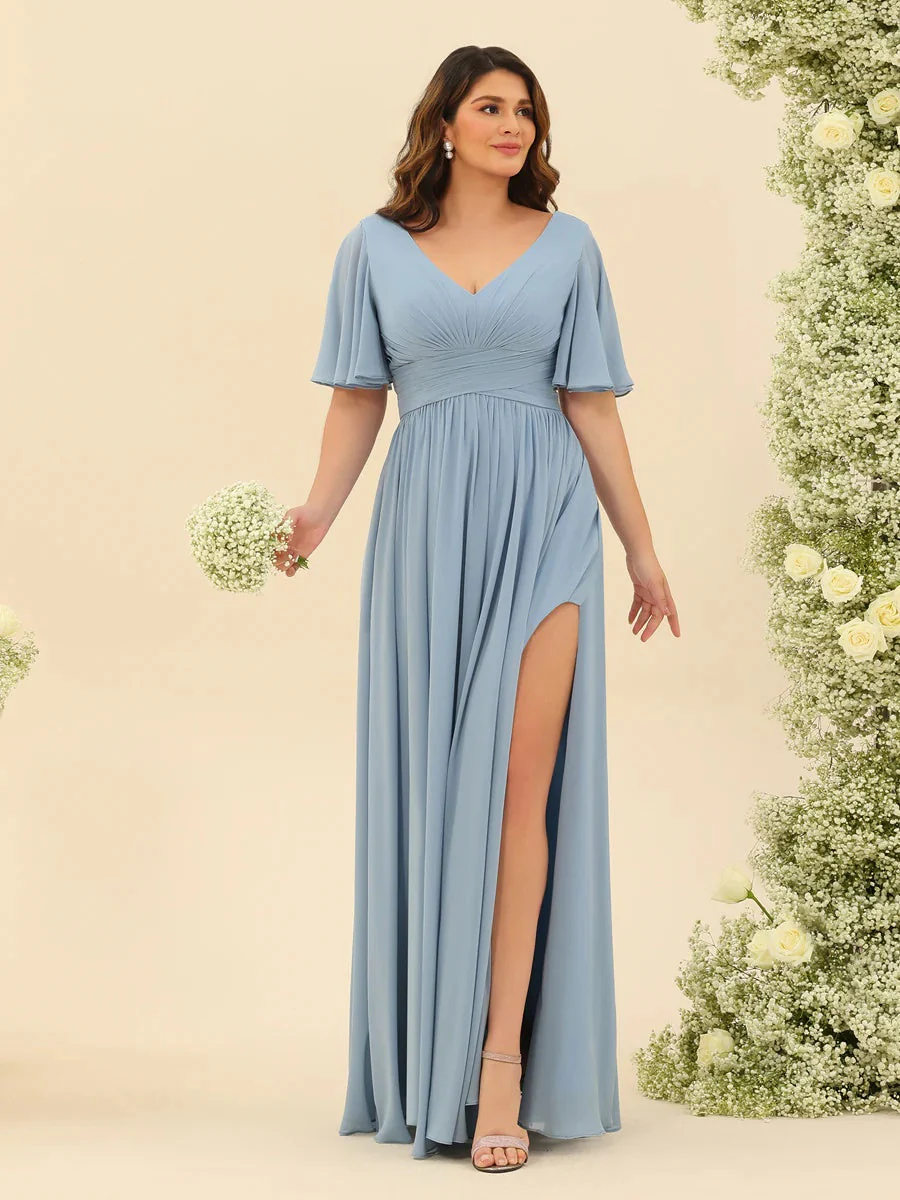 Robe Longue en Chiffon Élégante – Silhouette Fluide A-Line avec Fente Latérale et Volants - Image 7