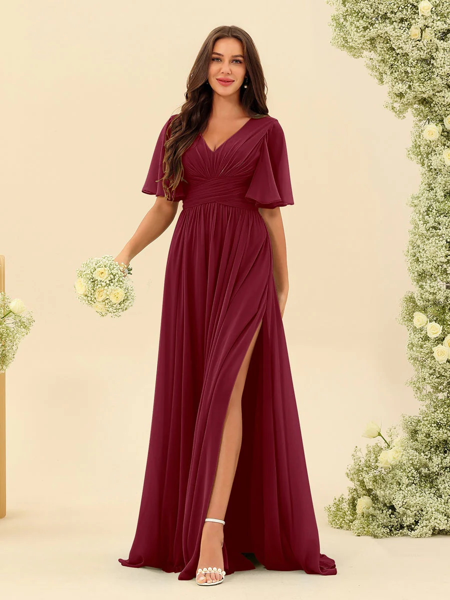 Robe Longue en Chiffon Élégante – Silhouette Fluide A-Line avec Fente Latérale et Volants - Image 73