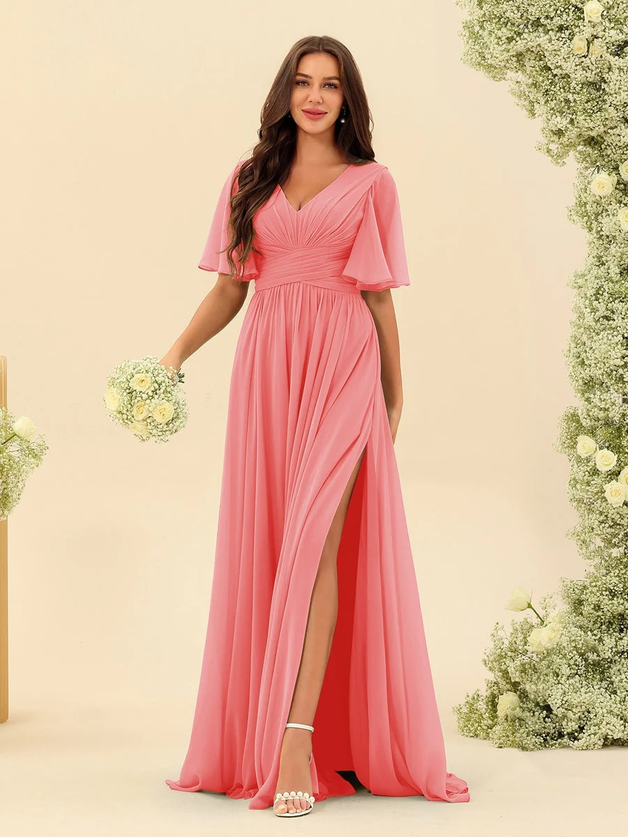 Robe Longue en Chiffon Élégante – Silhouette Fluide A-Line avec Fente Latérale et Volants - Image 76