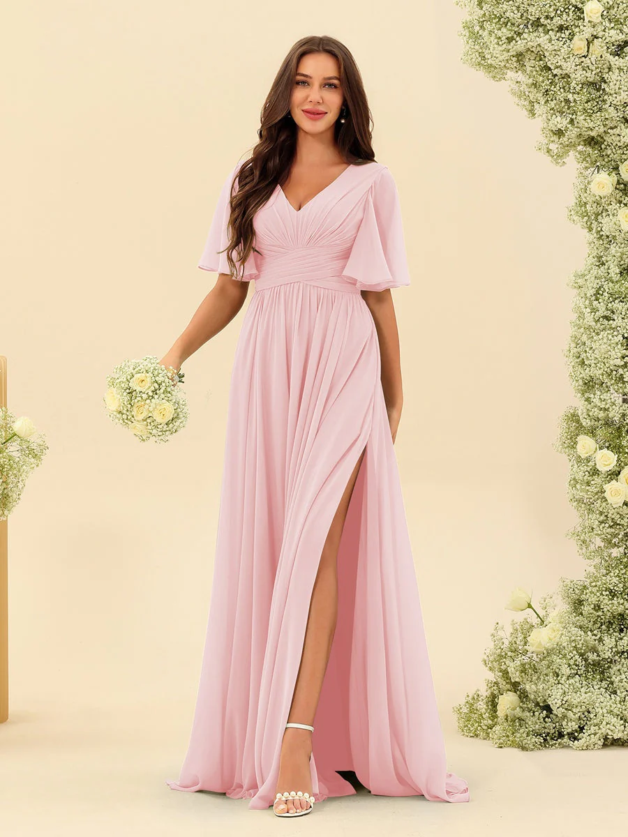Robe Longue en Chiffon Élégante – Silhouette Fluide A-Line avec Fente Latérale et Volants - Image 77