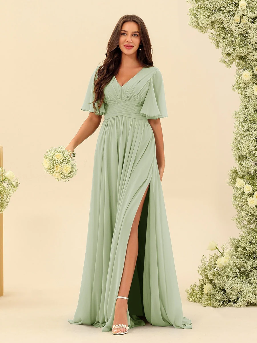 Robe Longue en Chiffon Élégante – Silhouette Fluide A-Line avec Fente Latérale et Volants - Image 9