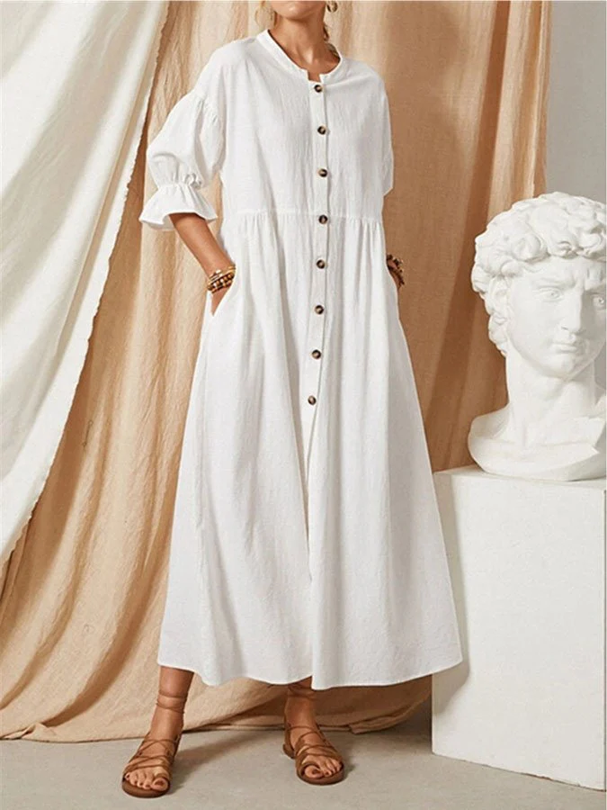 Robe longue en lin pour femme avec patte de boutonnage et manches bouffantes - Image 3