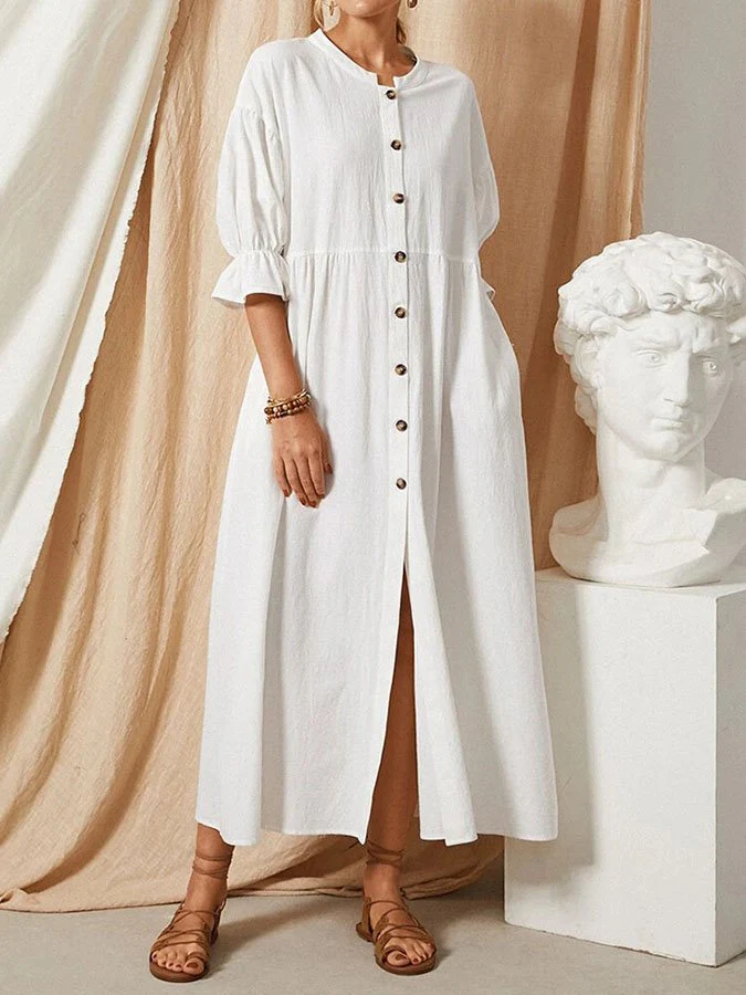 Robe longue en lin pour femme avec patte de boutonnage et manches bouffantes - Image 4