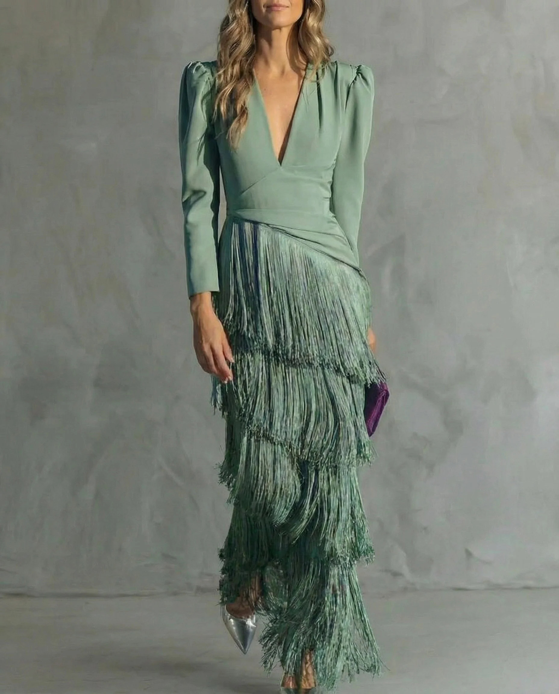 Robe longue femme a franges col V - Chic et fluide - Image 5