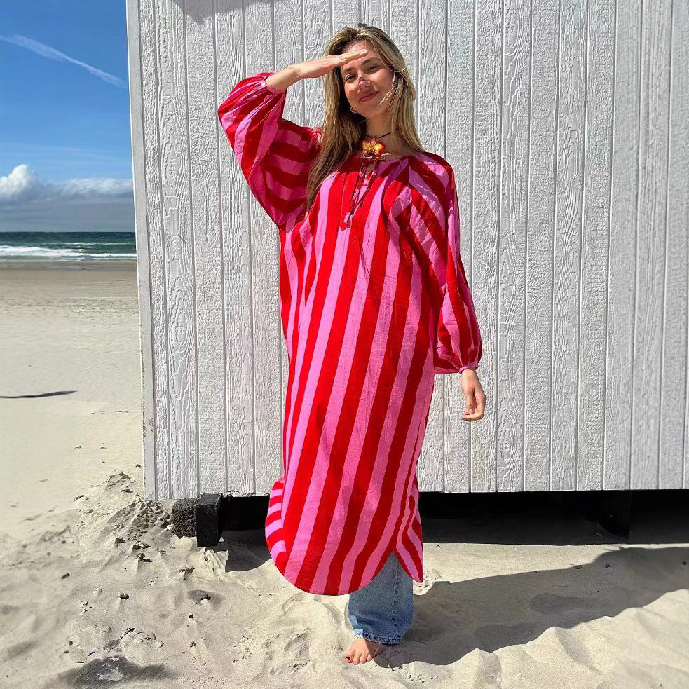 Robe longue femme ample a rayures imprimees - Decontractee et elegante