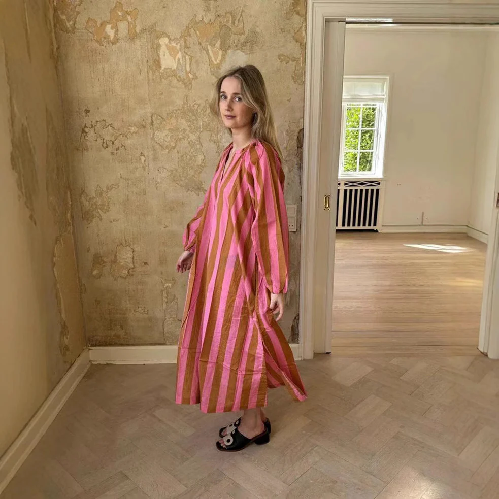Robe longue femme ample a rayures imprimees - Decontractee et elegante - Image 3