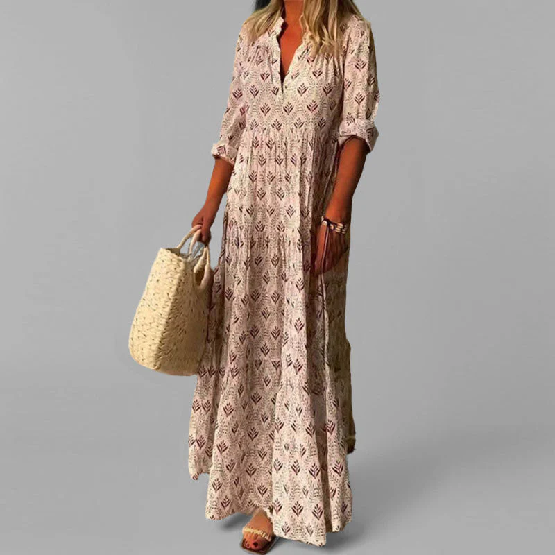 Robe longue femme – Coton léger – Coupe ample – Col en V – Imprimé vintage – Manches 3/4